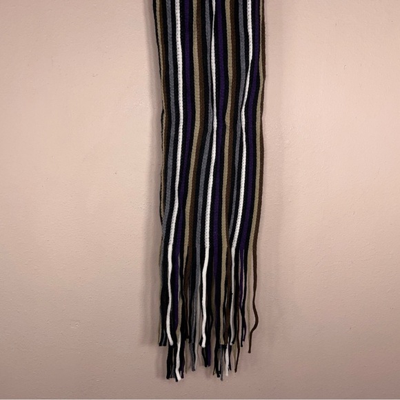 Striped Scarf With Fringe Accent Knit Womens Brown Ton Black Purple - Picture 12 of 13